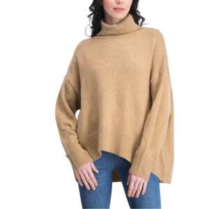 French Connection Vacara Wool Blend Oversized Turtleneck Sweater Tan Beige Large